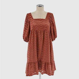 MOON RIVER Velvet Babydoll Dress Size M Peasant Boho Puff Sleeves Rust Retro 70s